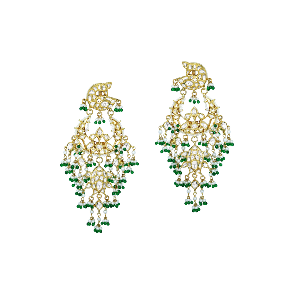 Floral Polki Earrings with Cascading Emerald and Pearl Beads